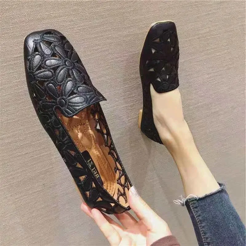 Square Toe Hollow Cut-Out Design Slip-on Women Comfortable Shoes