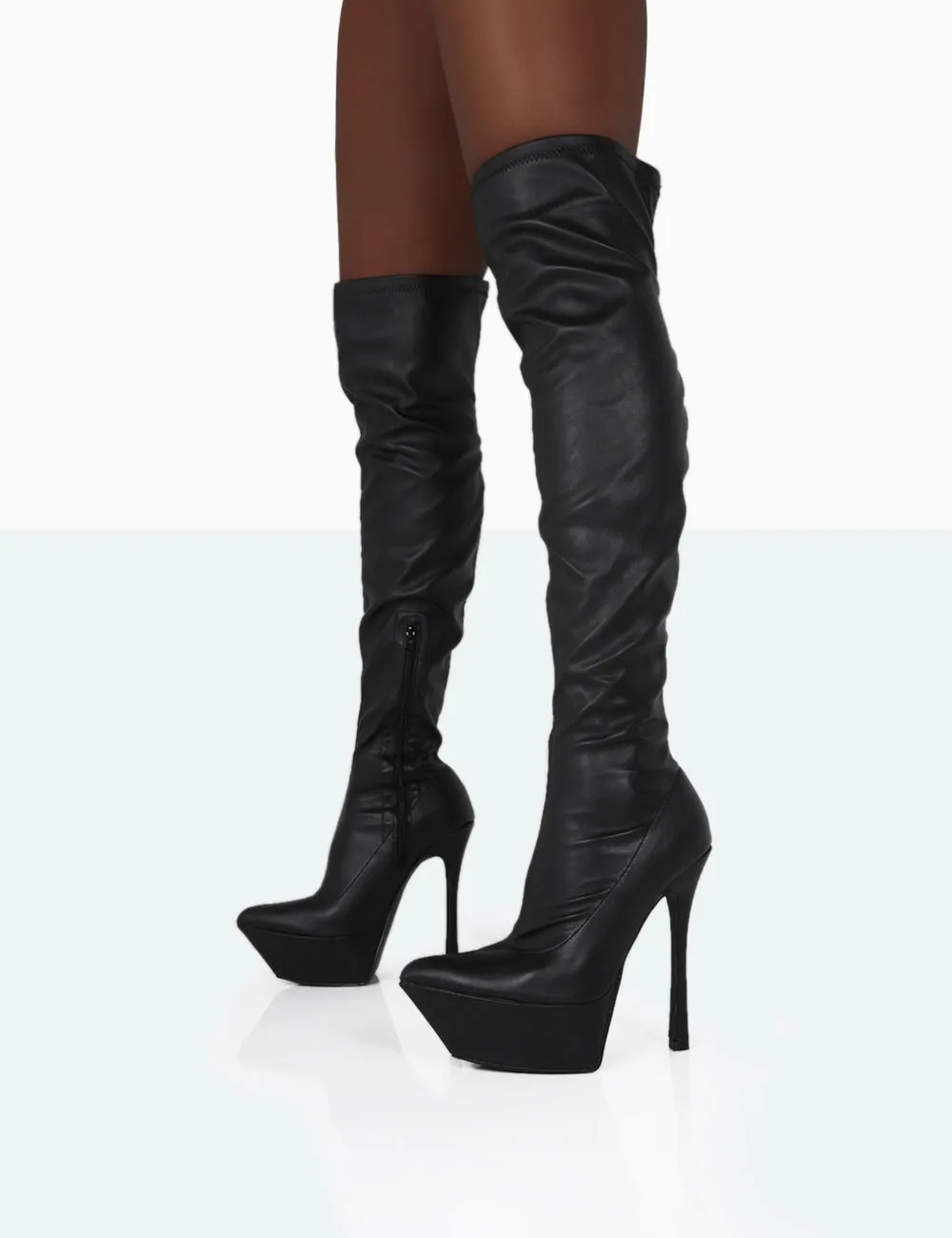 Trixie Black Grain Pu Stiletto Platform Over the Knee Boots