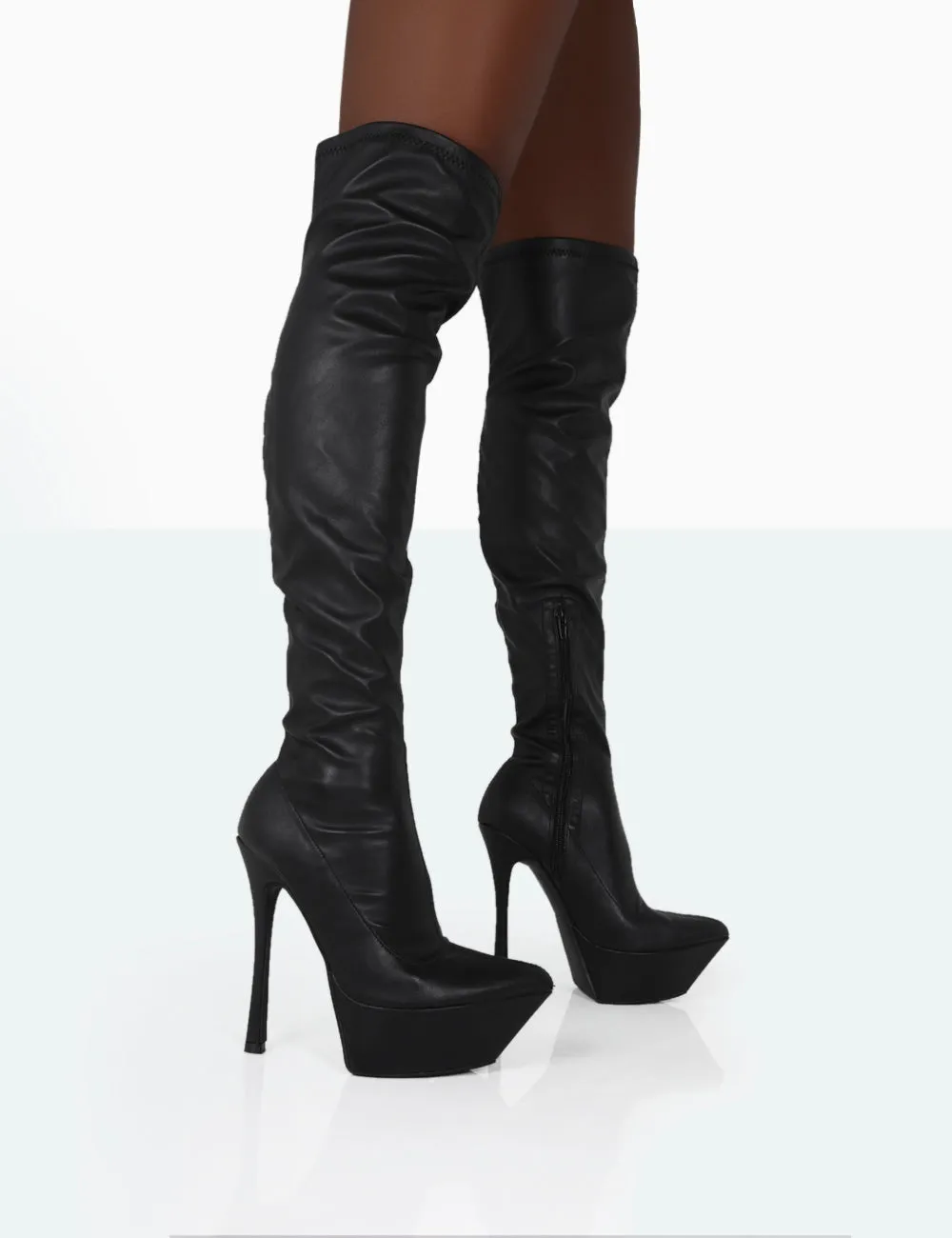 Trixie Black Grain Pu Stiletto Platform Over the Knee Boots