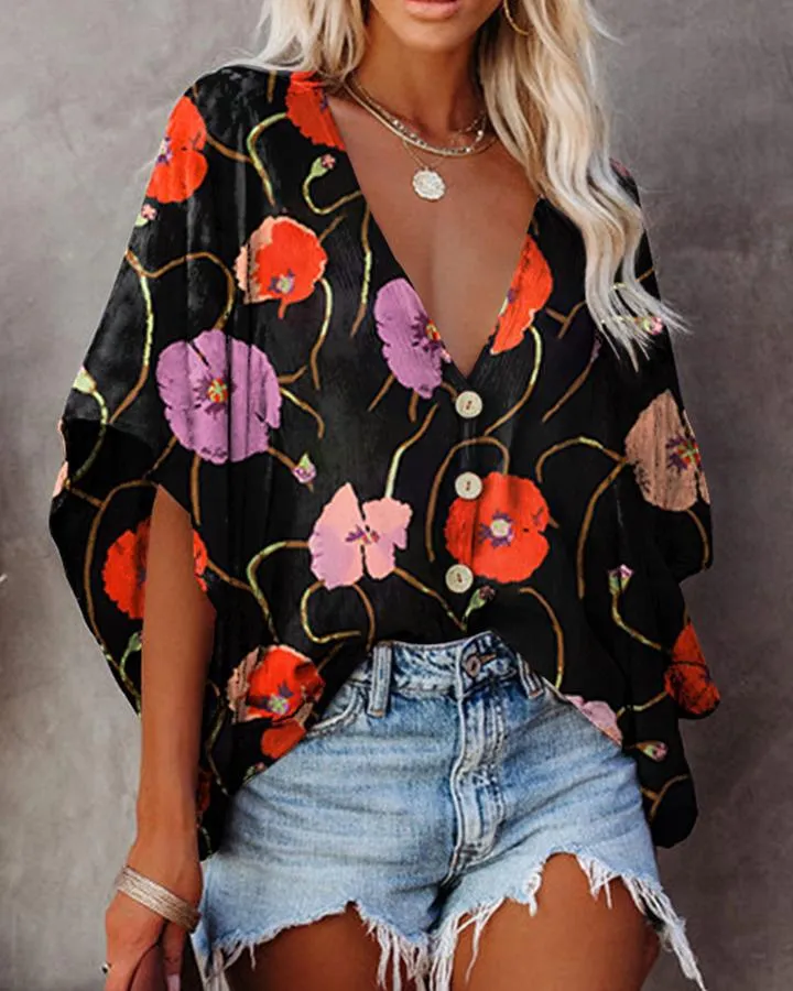 V-neck bat sleeve digital print blouse