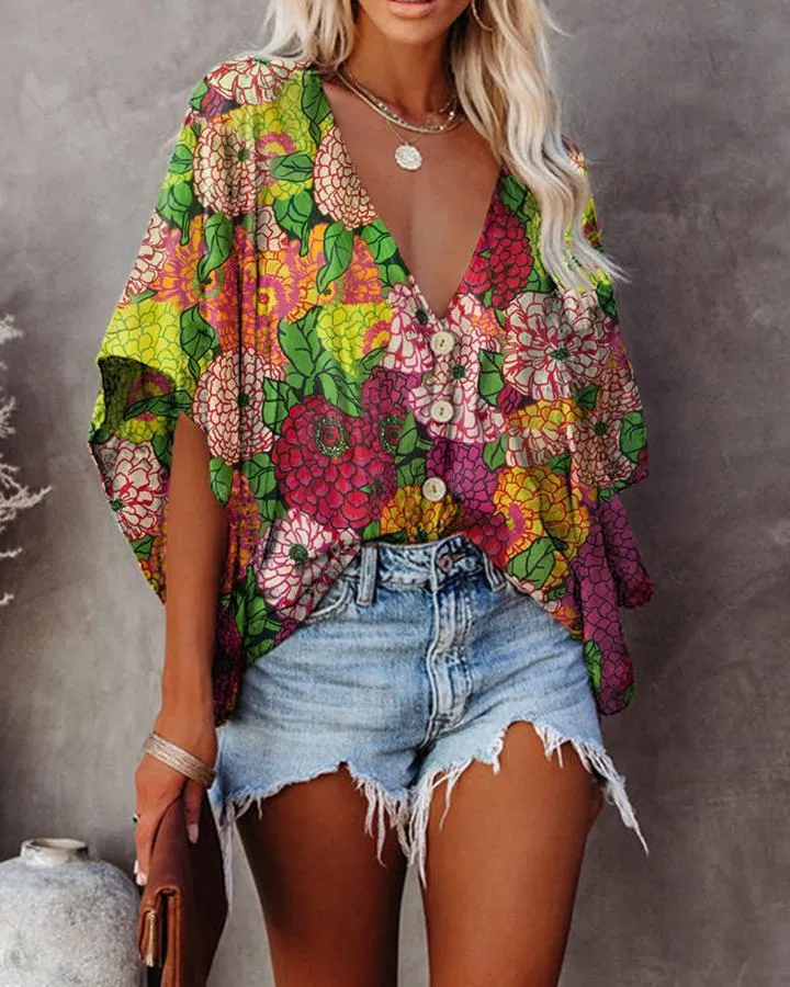 V-neck bat sleeve digital print blouse