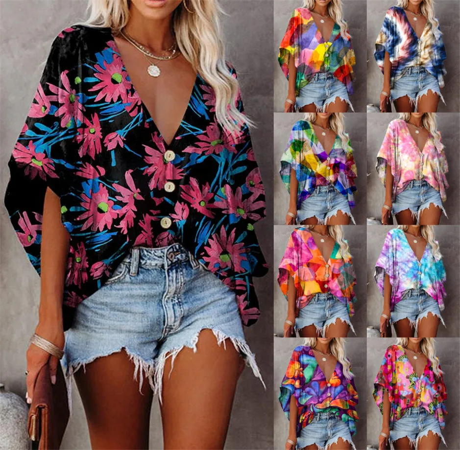 V-neck bat sleeve digital print blouse