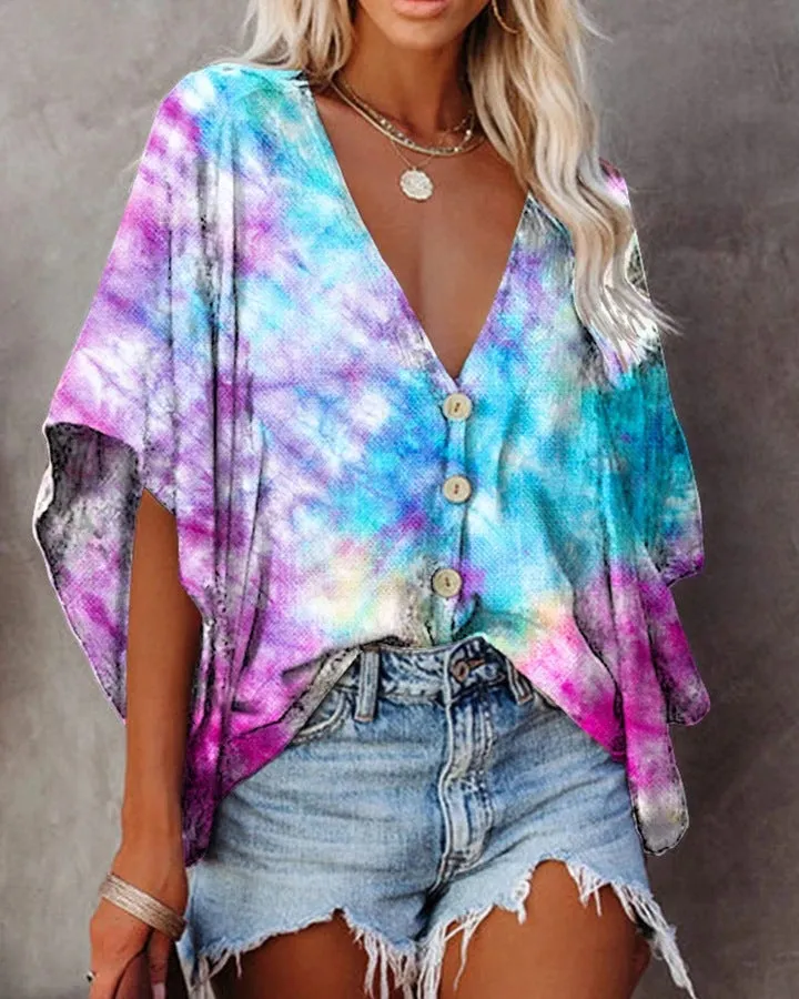 V-neck bat sleeve digital print blouse