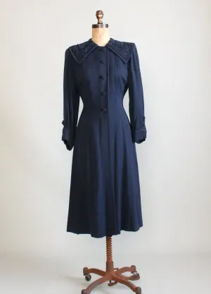 Vintage 1940s Navy Beaded Collar Princess Coat