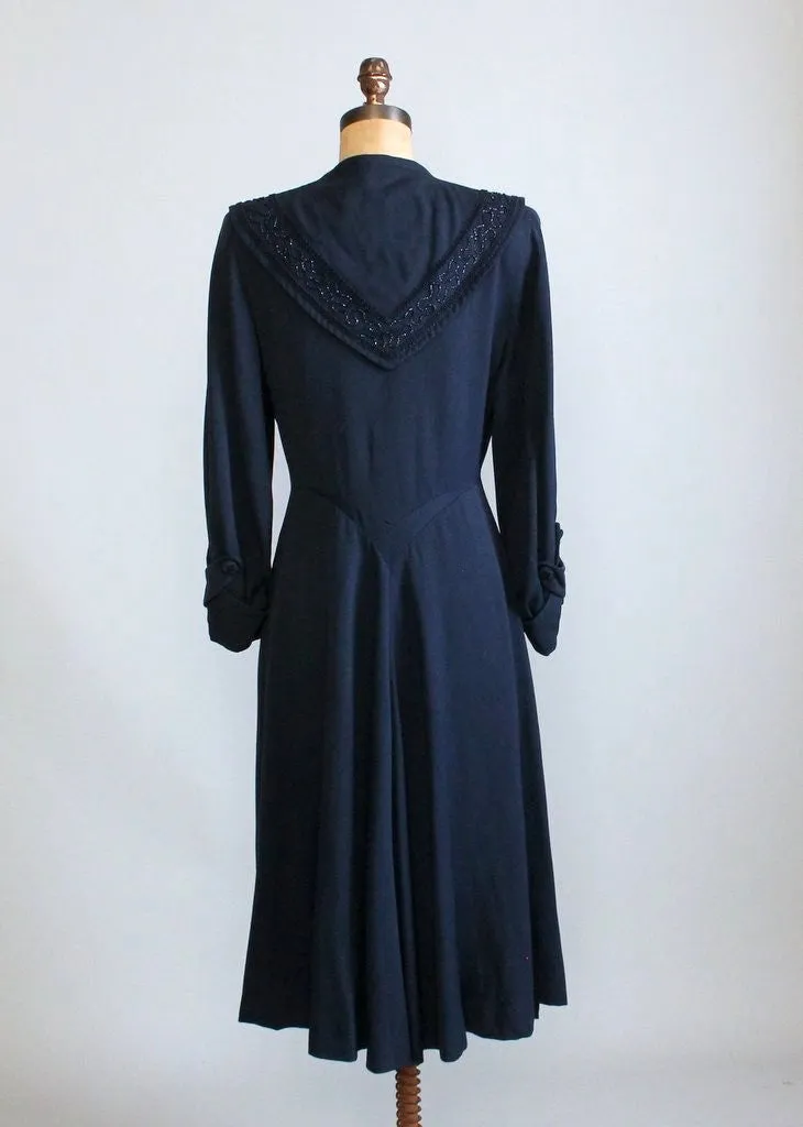 Vintage 1940s Navy Beaded Collar Princess Coat