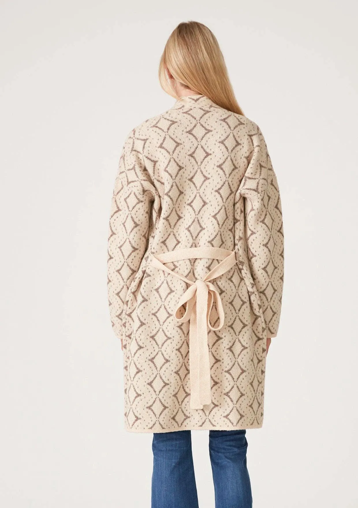 Western Diamond Jacquard Belted Cardigan - Taupe