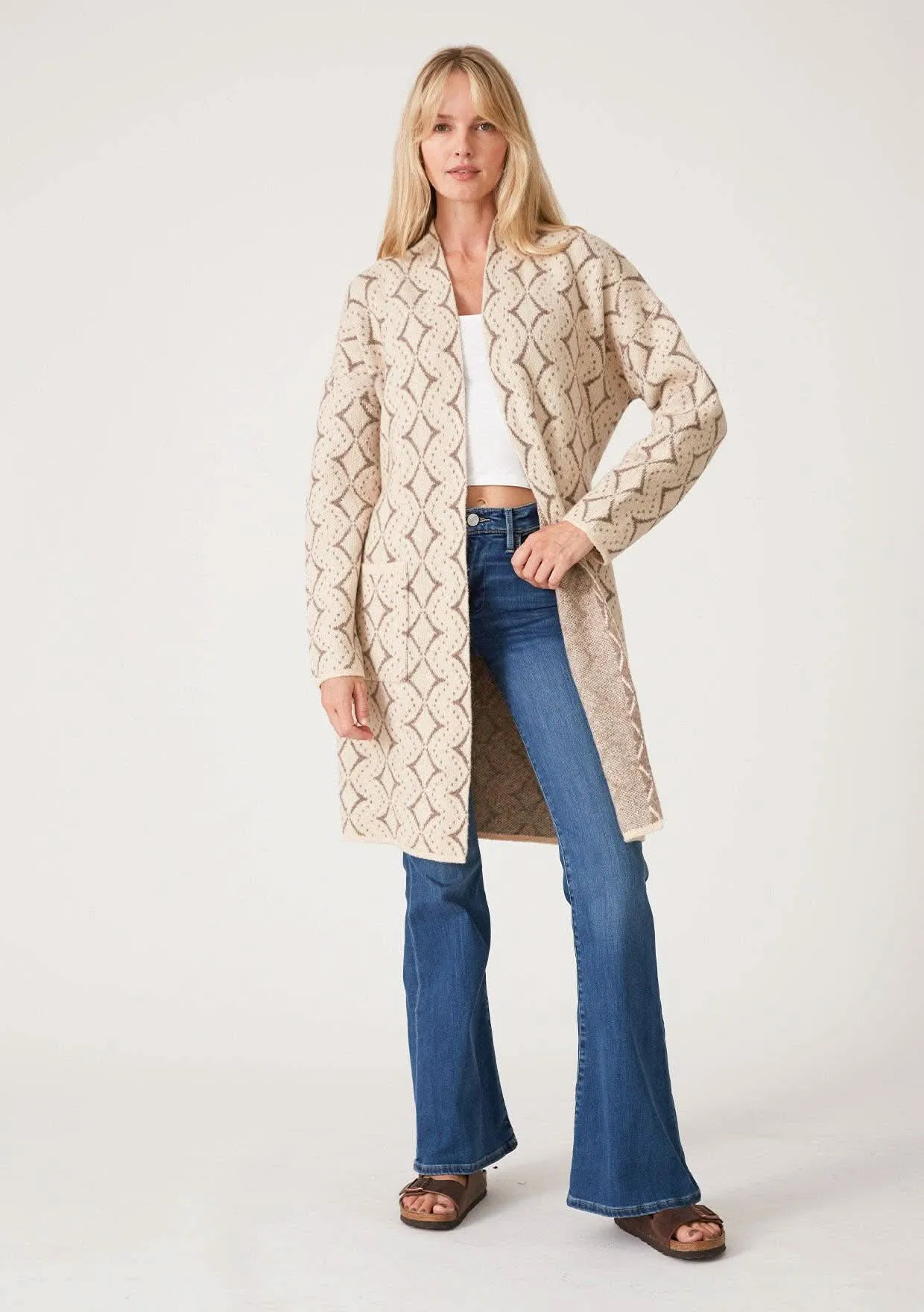 Western Diamond Jacquard Belted Cardigan - Taupe