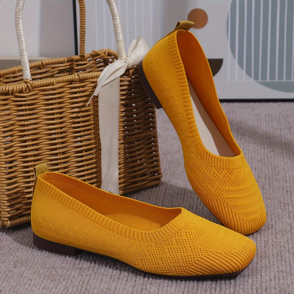 Women's Breathable Square Toe Slip-On Flats, Lightweight & Comfortable Casual Shoes