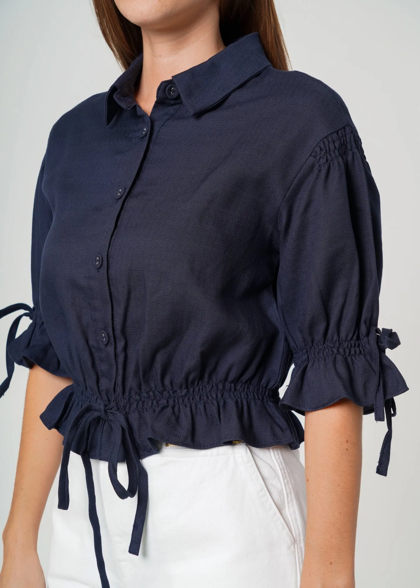 Women's Button Front Tie Hem Blouse in Navy