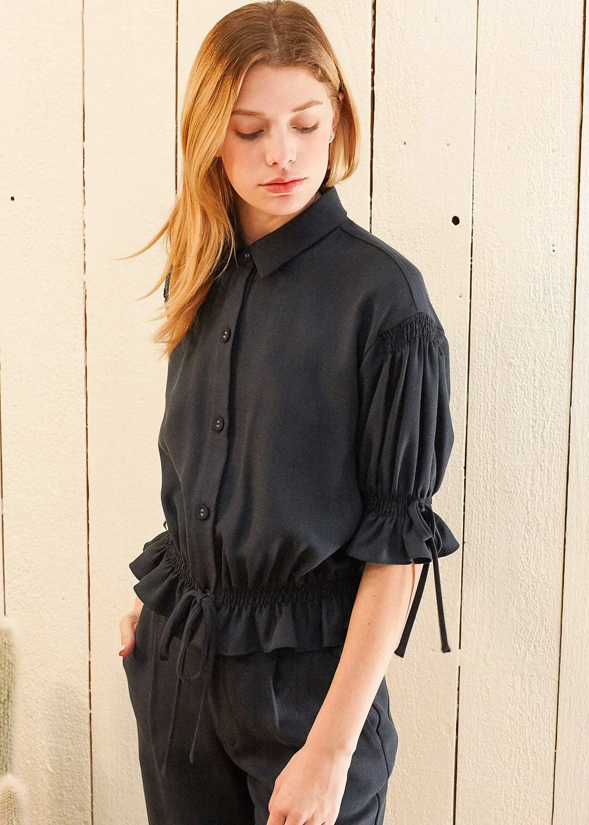 Women's Button Front Tie Hem Blouse in Navy