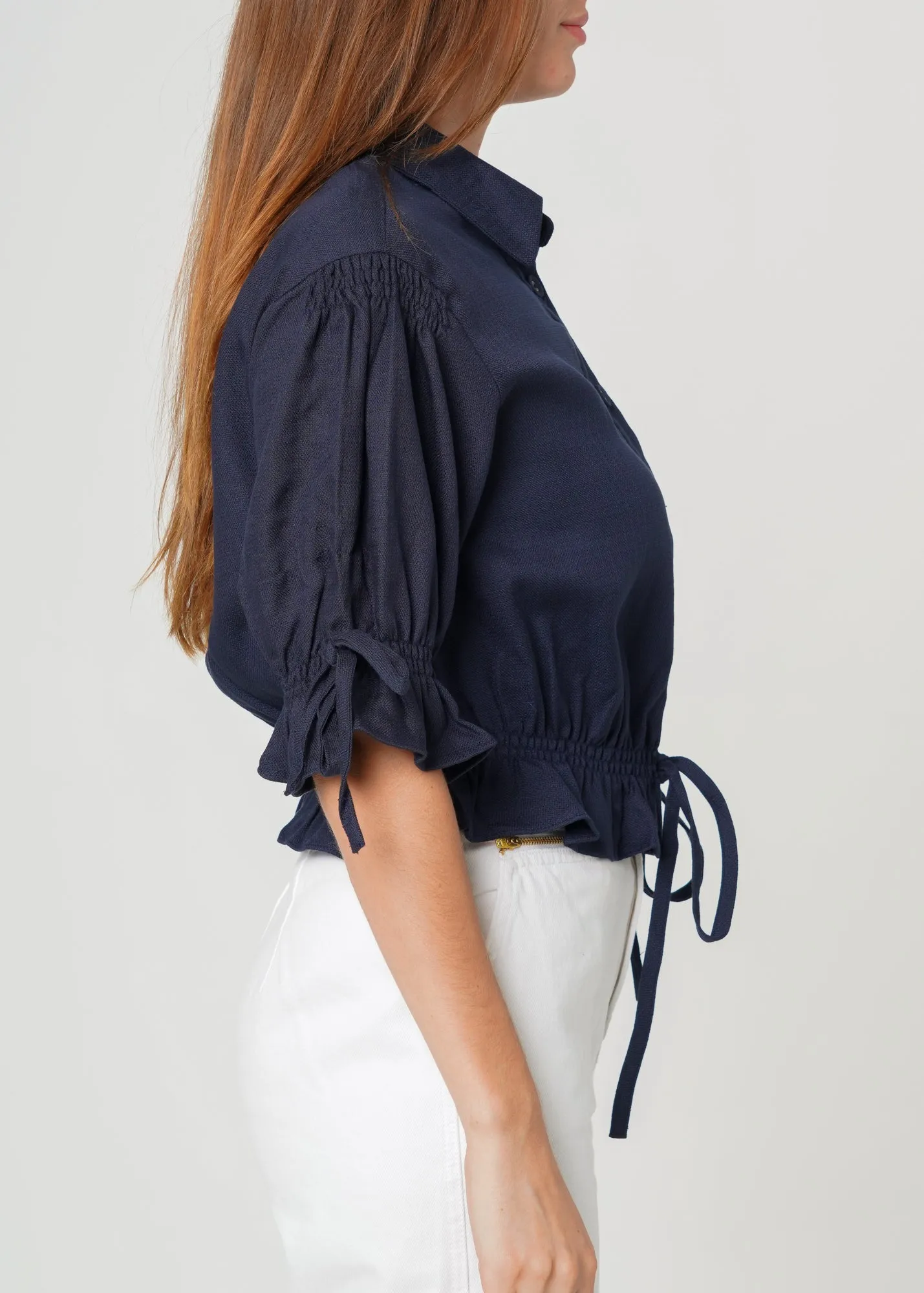 Women's Button Front Tie Hem Blouse in Navy