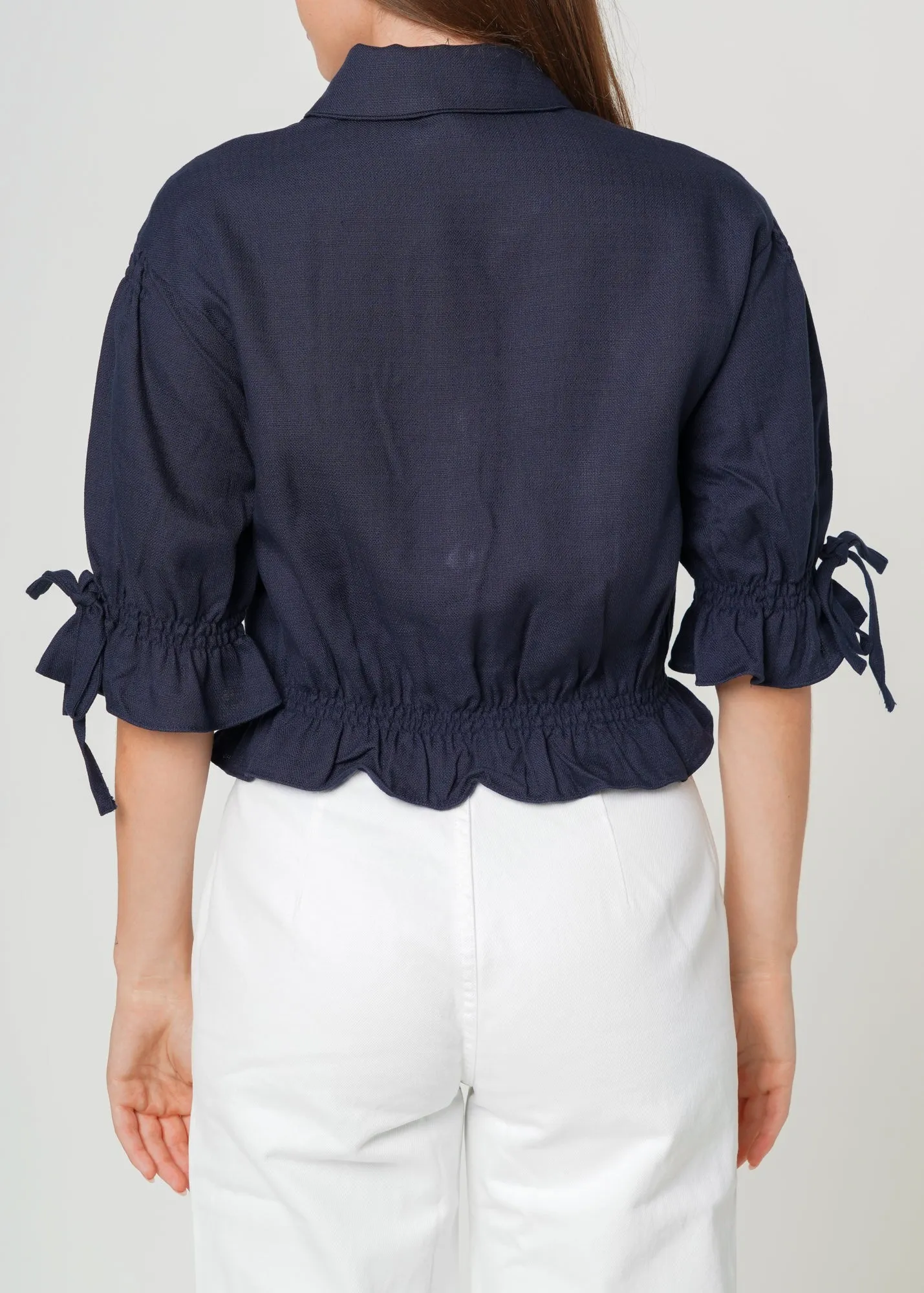 Women's Button Front Tie Hem Blouse in Navy