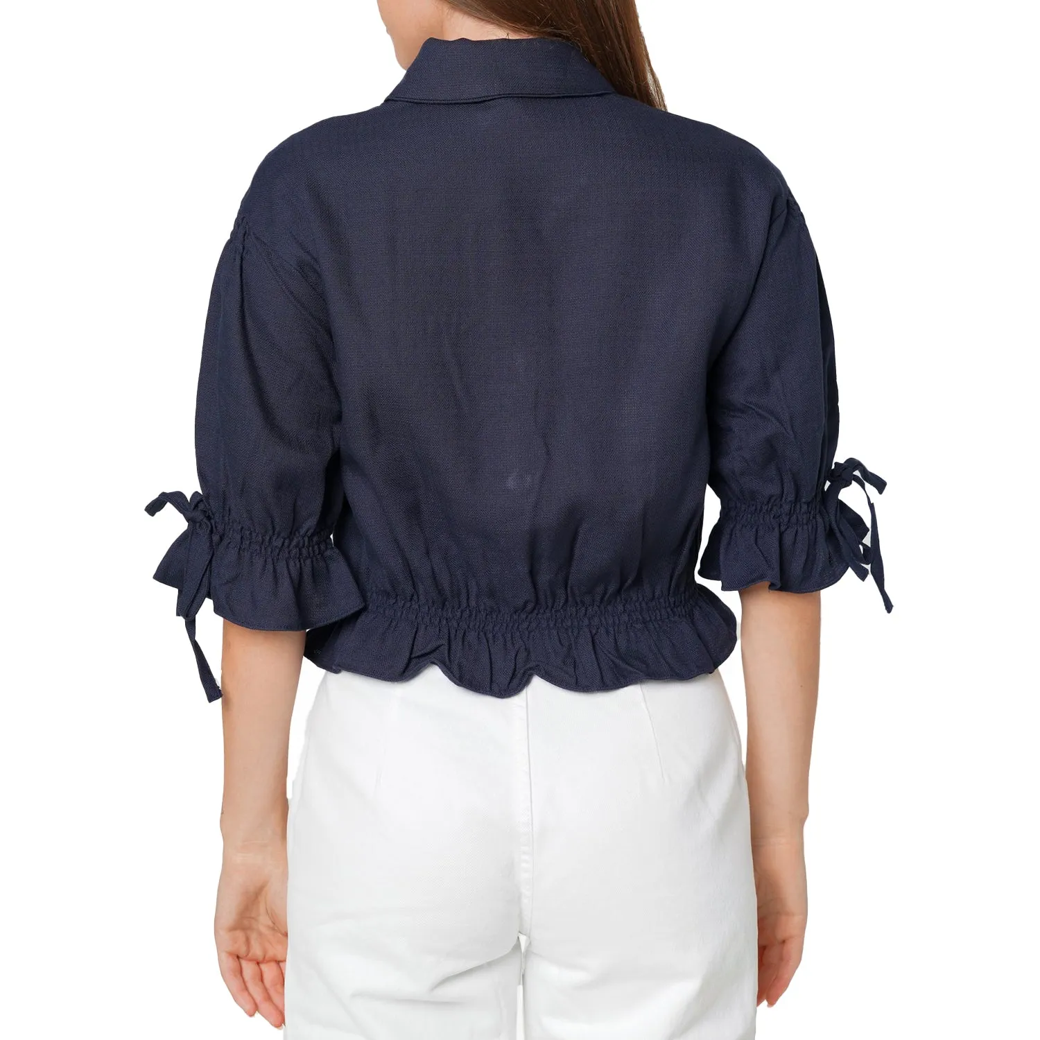 Women's Button Front Tie Hem Blouse in Navy