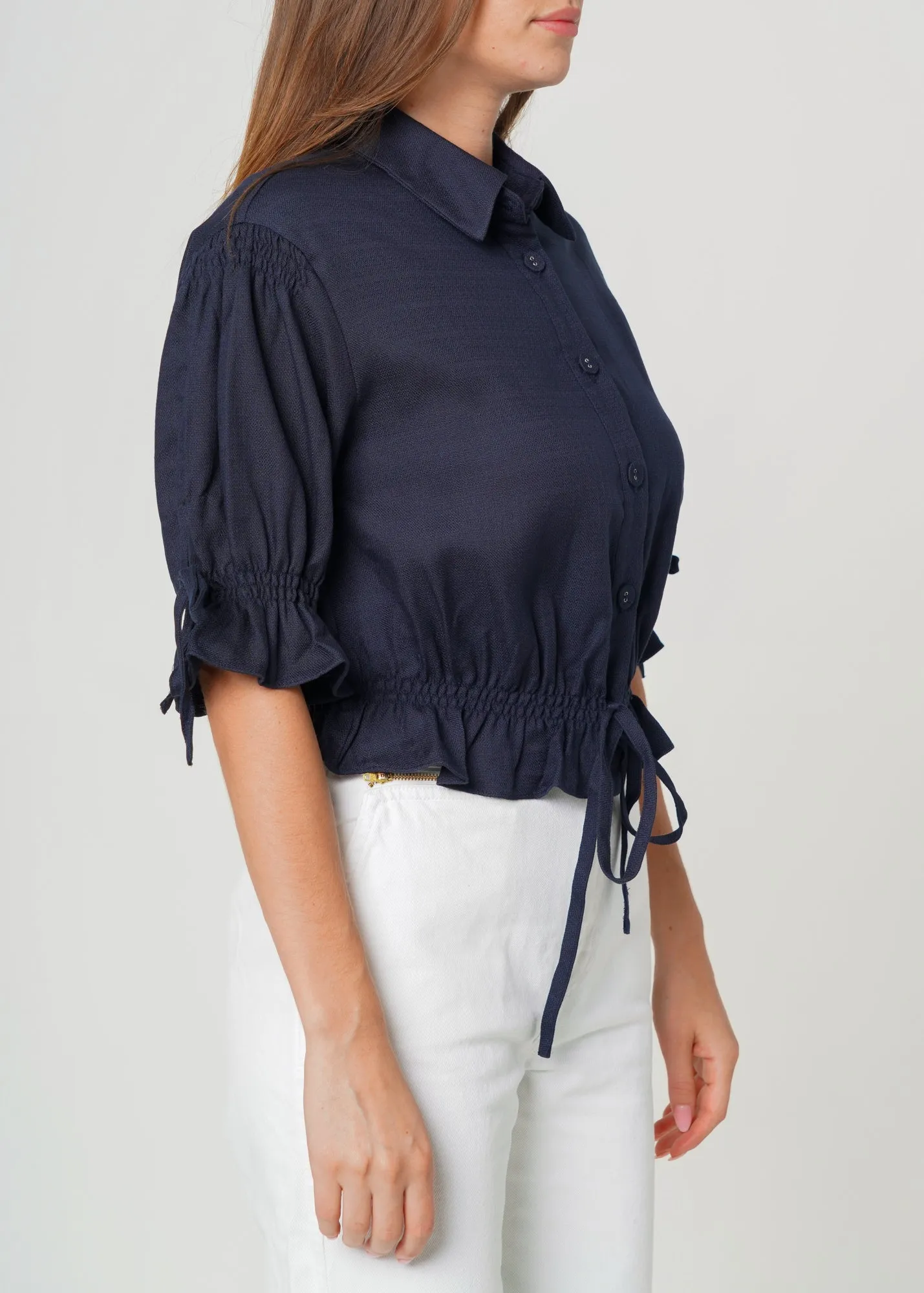 Women's Button Front Tie Hem Blouse in Navy