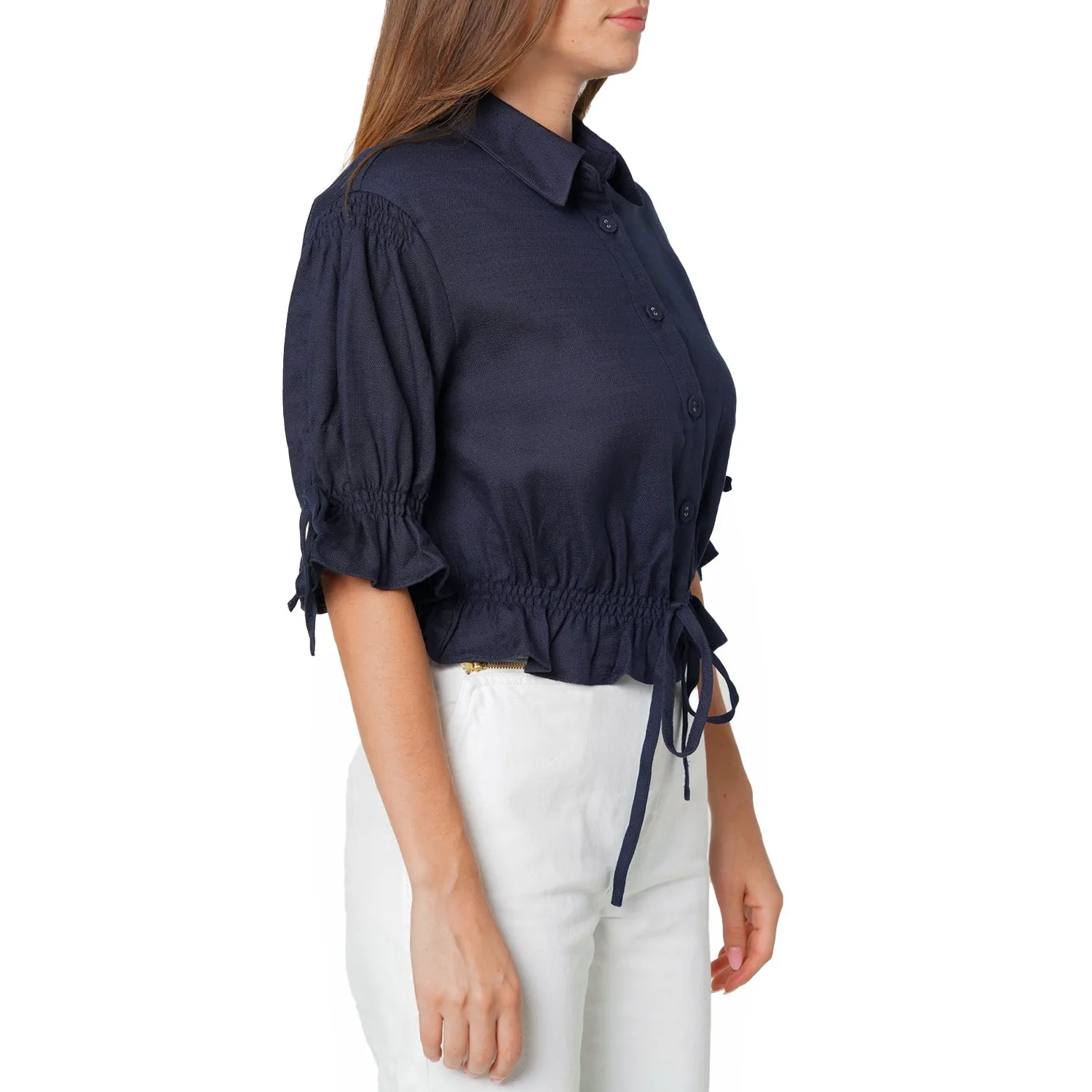 Women's Button Front Tie Hem Blouse in Navy