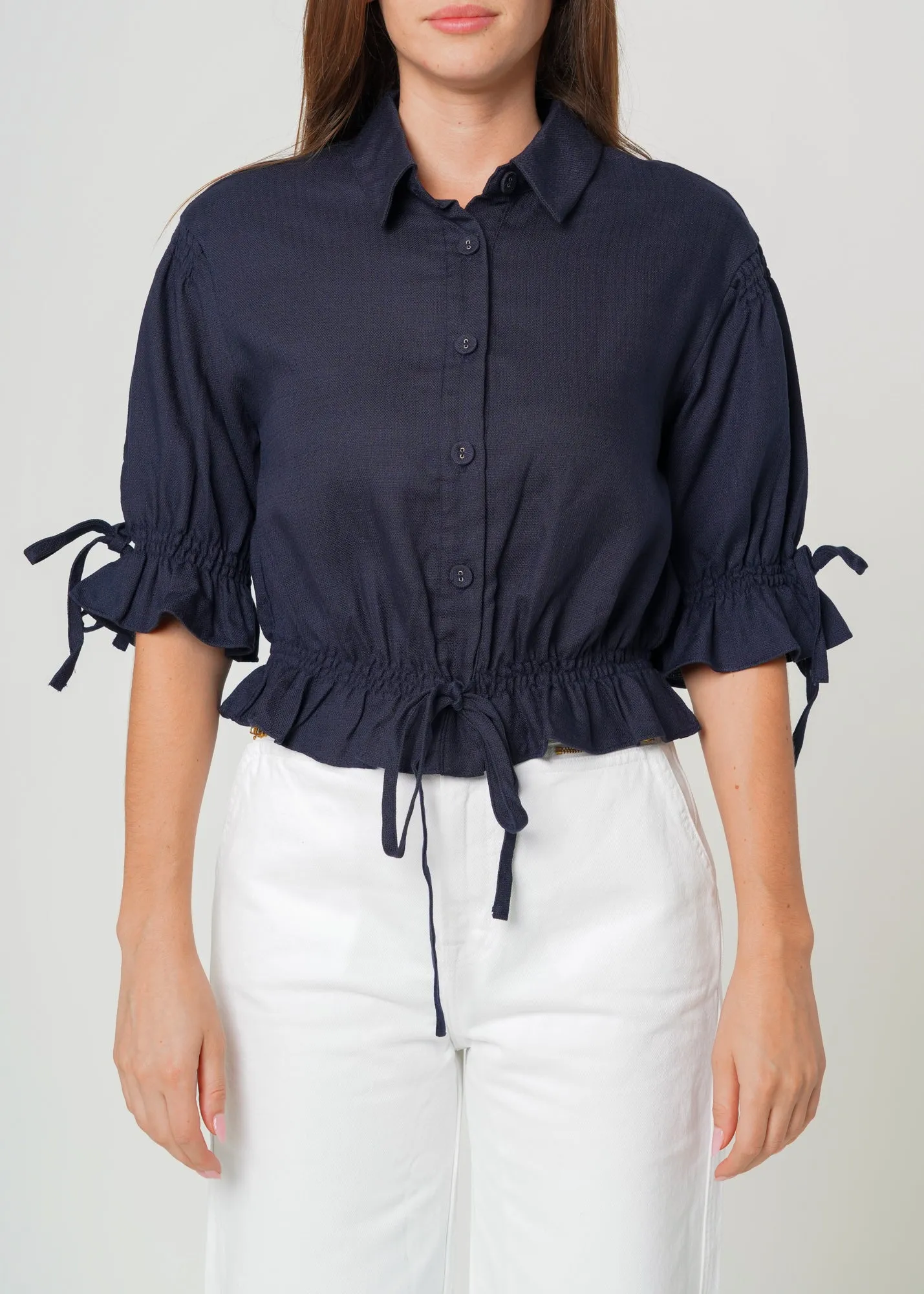 Women's Button Front Tie Hem Blouse in Navy